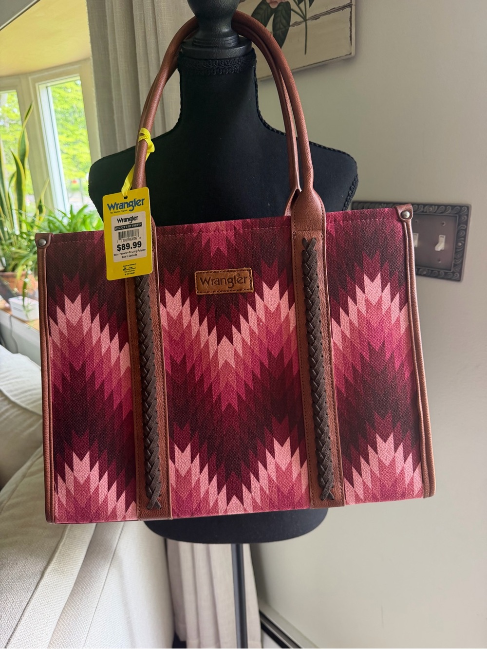 Wrangler Burgundy & Pink Patterned Tote with Brown Leather Handles - Picture 1 of 4